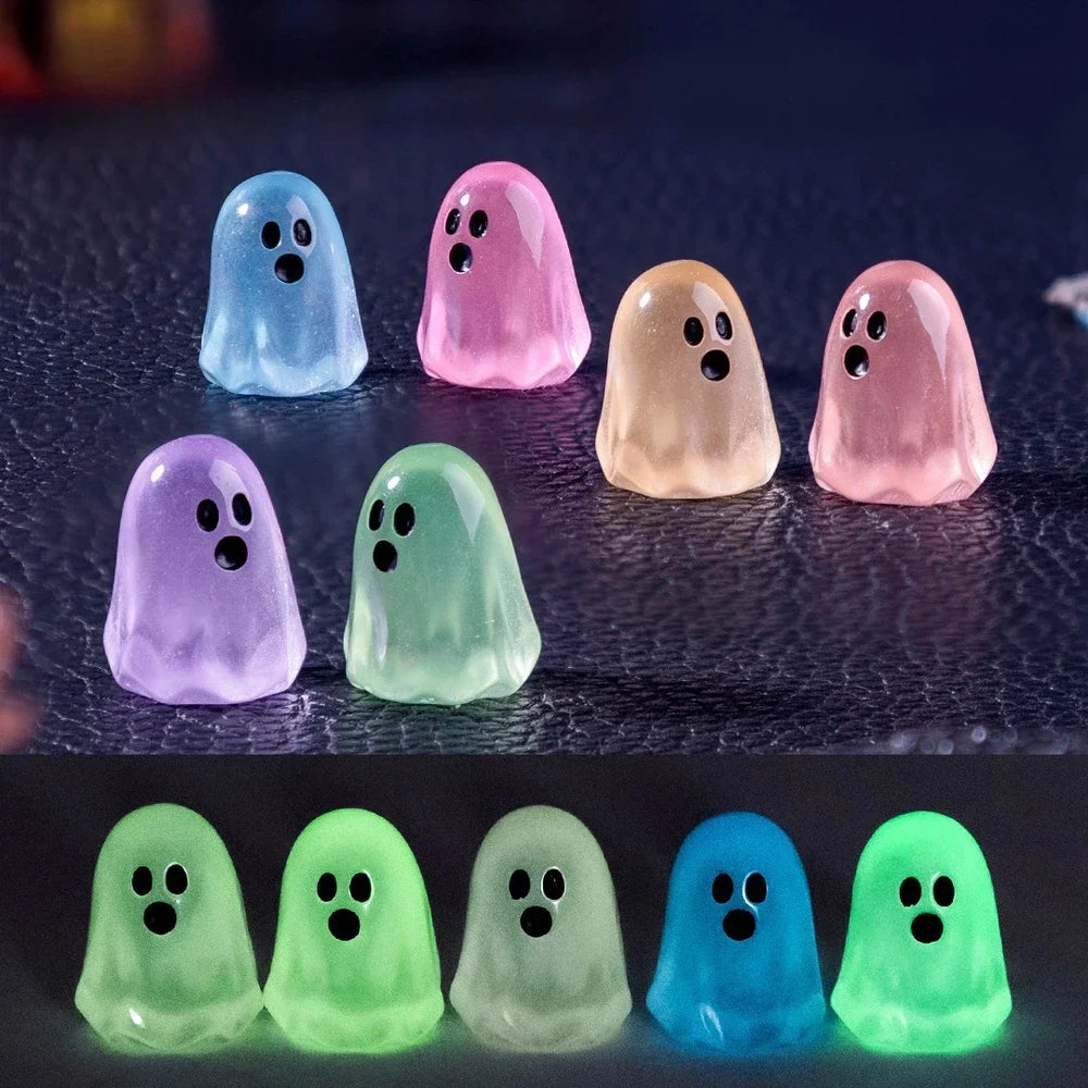 The maker's own comparison: the same ghosts in daylight above, and glowing green in a dark room below