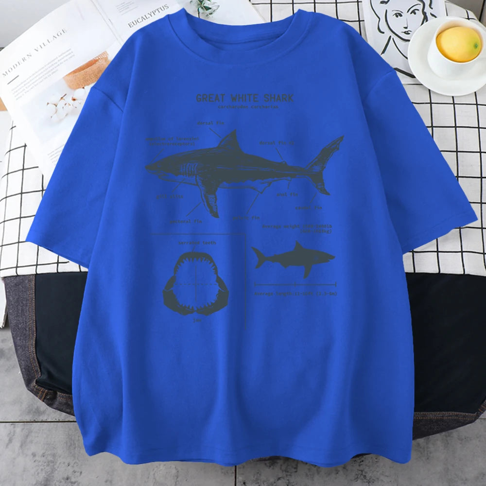 Great white shark anatomy diagram printed on a blue t-shirt