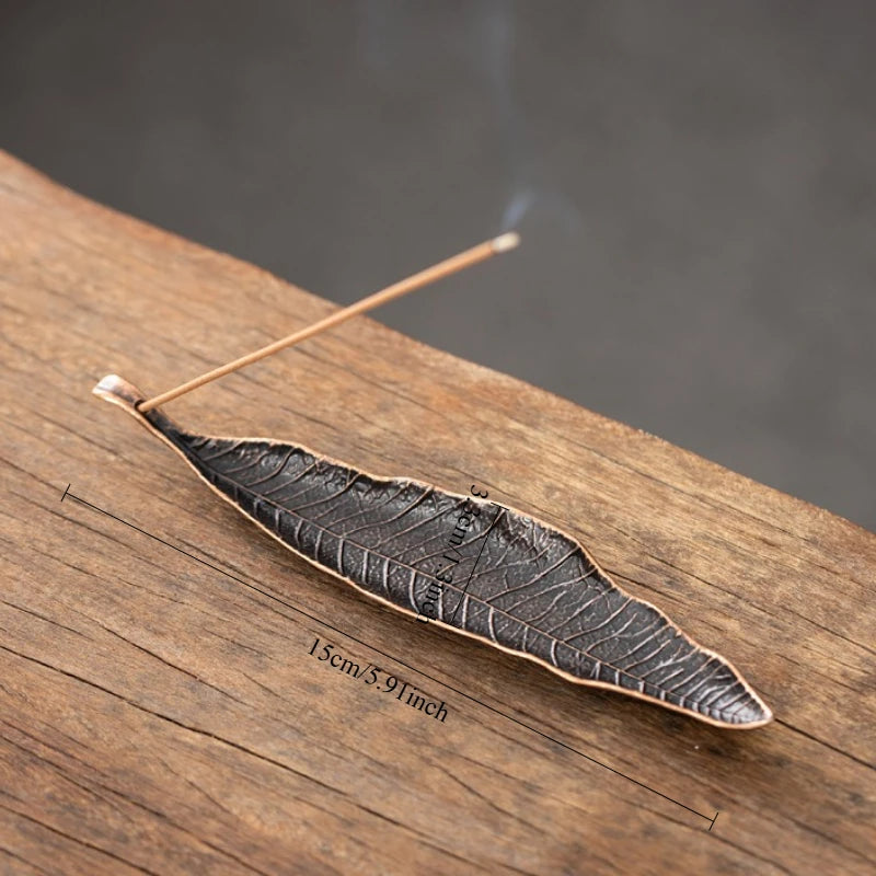 Dark Leaf Small metal stick incense holder, maker size graphic shown