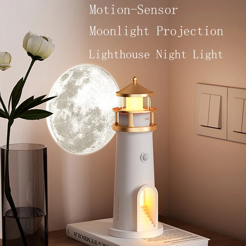 The lit lighthouse standing on a hardback book beside a vase of white tulips, with a moon image on the wall next to a light switch plate