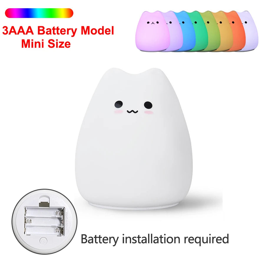 Round cat light with blushed cheeks, showing the three AAA battery compartment