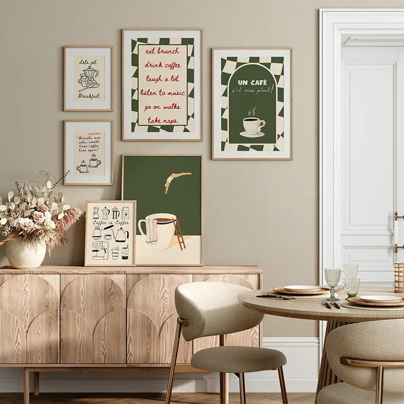 Mock-up of coffee prints in frames on a dining room wall