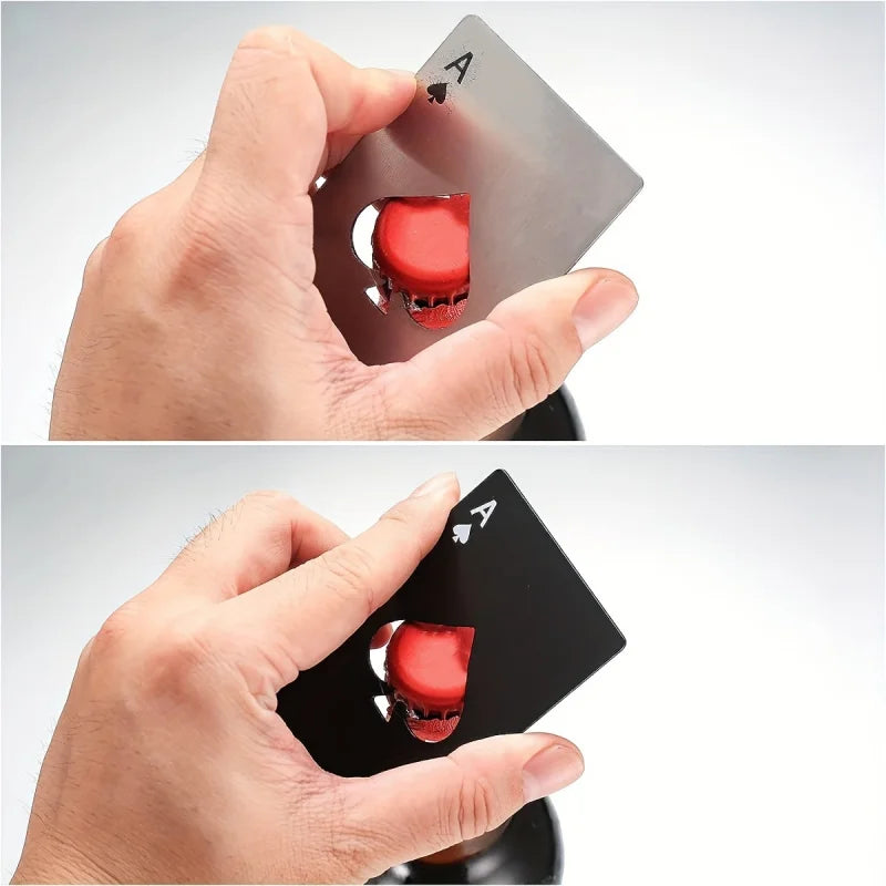 The card hooked under a red bottle cap and being levered off, shown in bare metal and in black