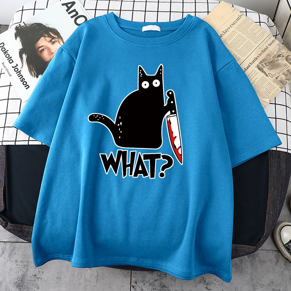 Light blue cotton tee printed with a black cat holding a bloody knife above the word WHAT
