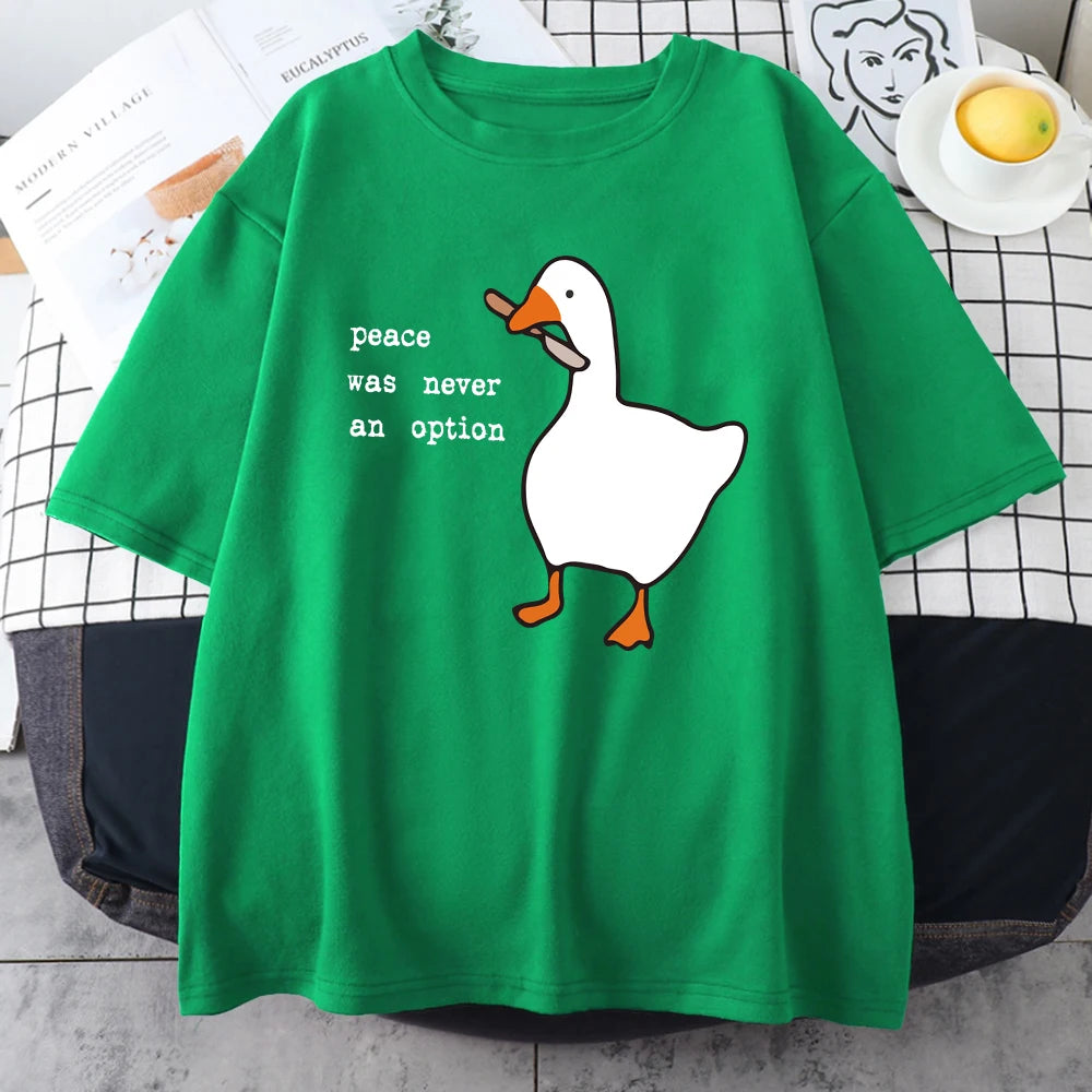 Green cotton tee with the white goose and slogan print
