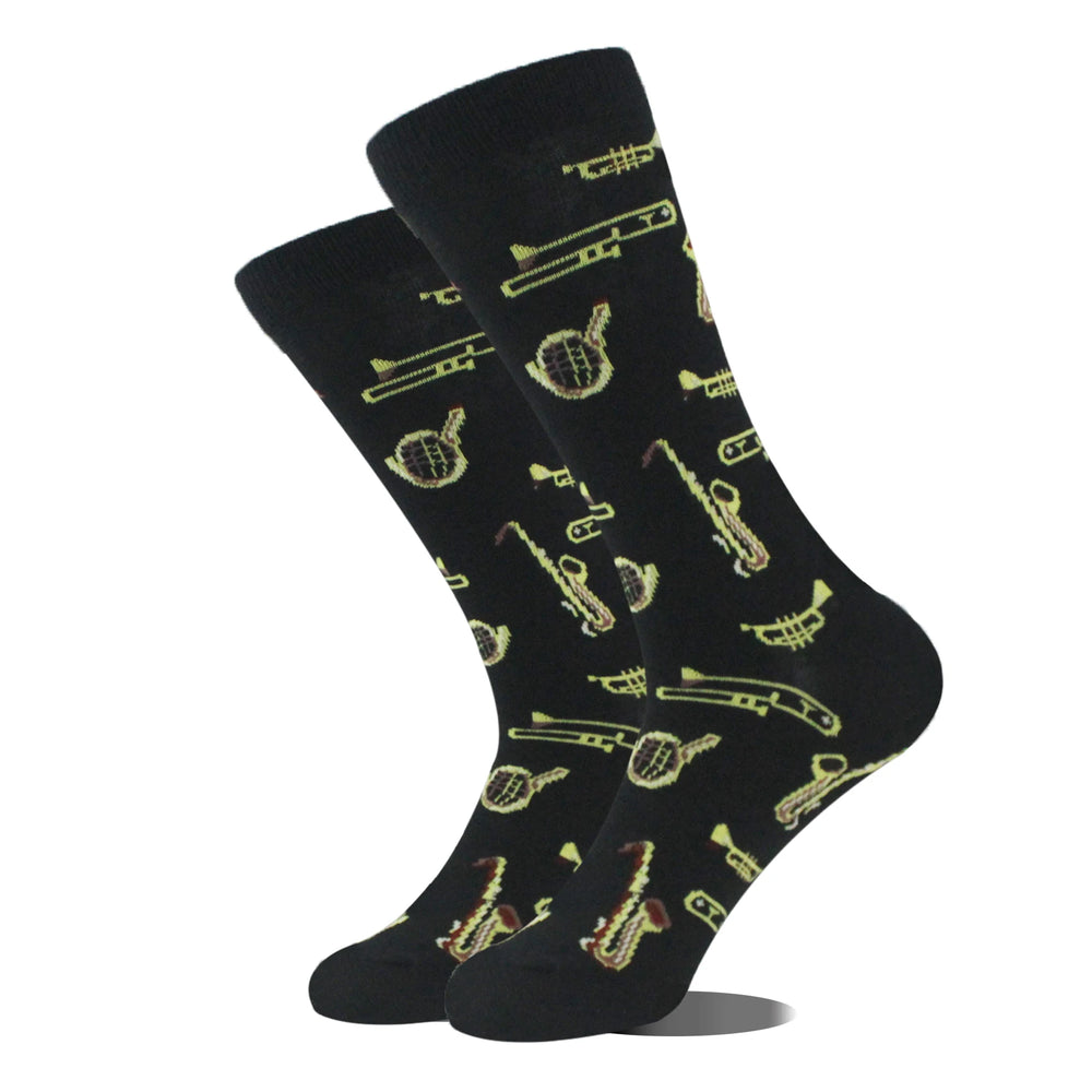 Funny novelty crew socks, brass instruments design