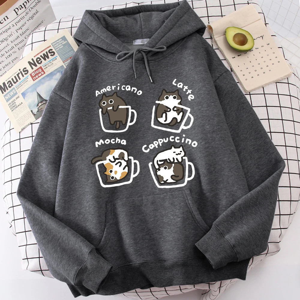Charcoal grey pullover hoodie with a front print of four cartoon cats in outlined coffee mugs