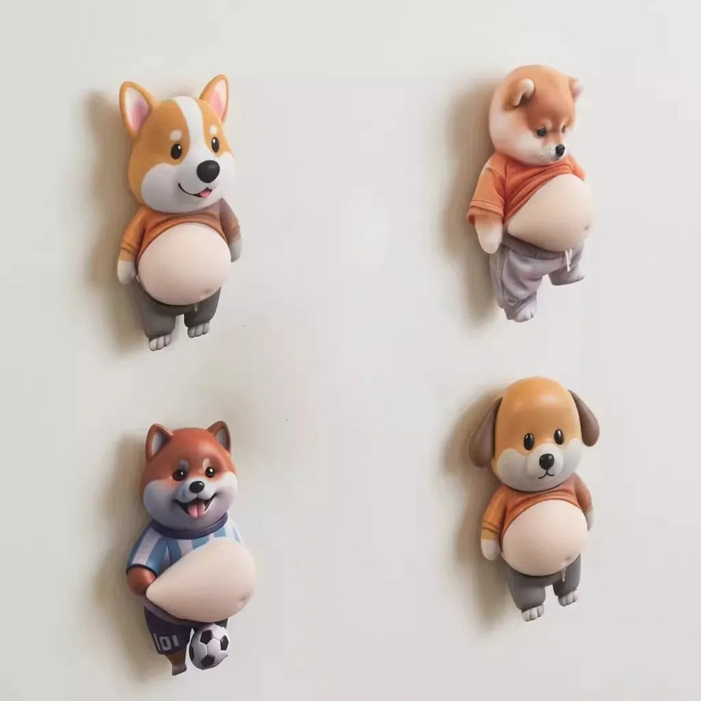 Four squishy-bellied cartoon dogs stuck to a white wall