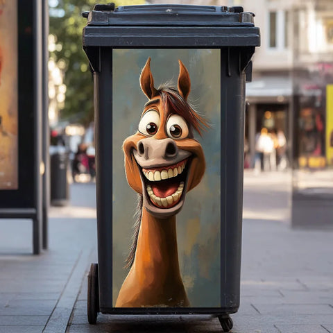 Cartoon horse decal on the side of a dark grey wheelie bin at a bus stop