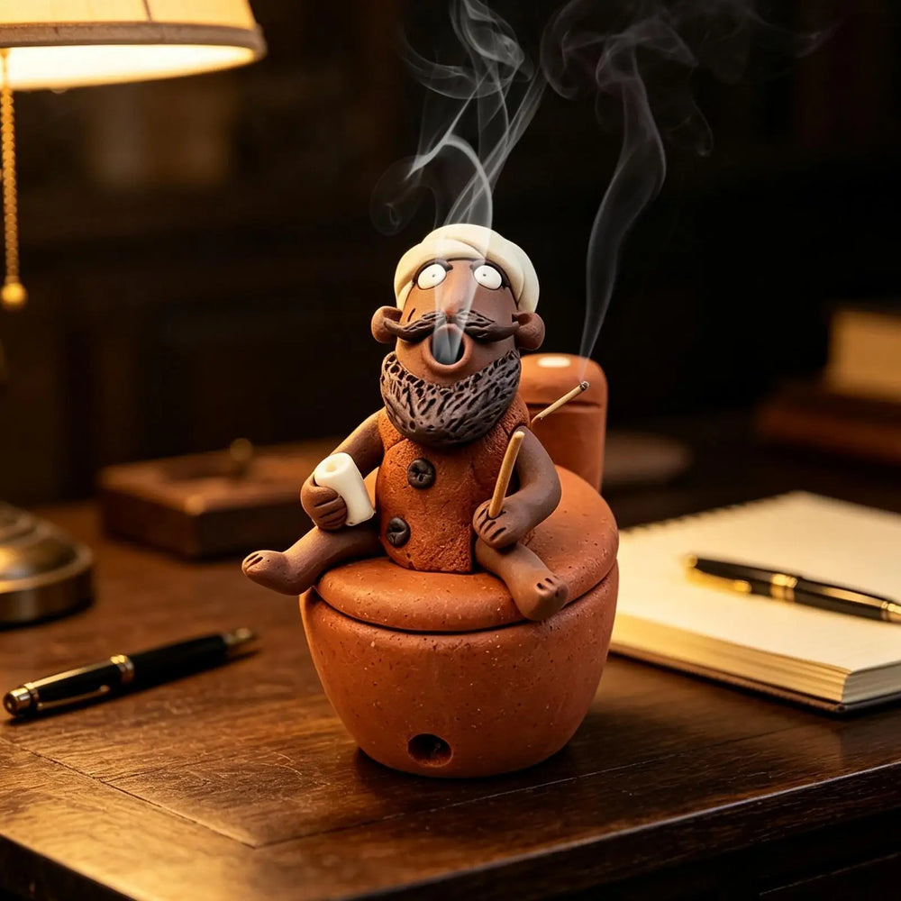 The incense burner on a desk beside a notebook and pens, smoke rising