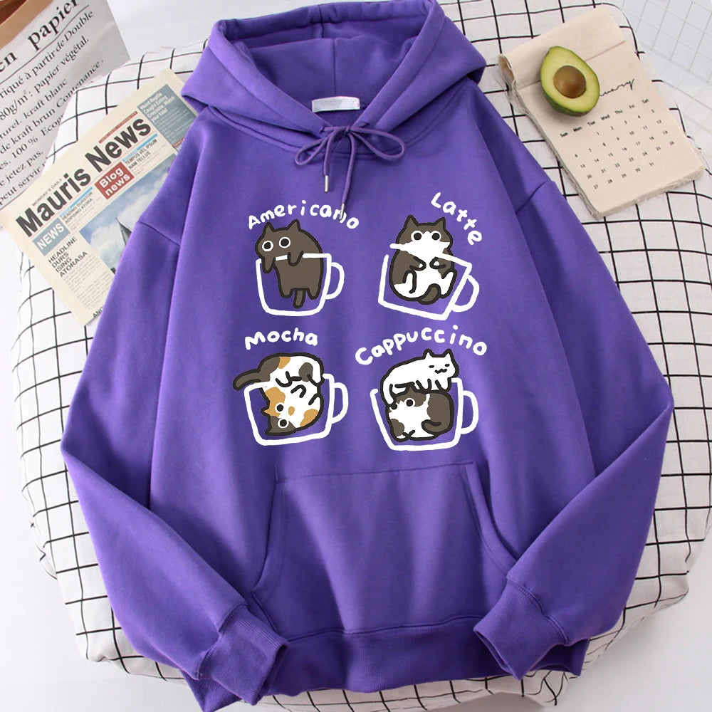 Purple pullover hoodie printed with four cartoon cats sitting in outlined coffee mugs