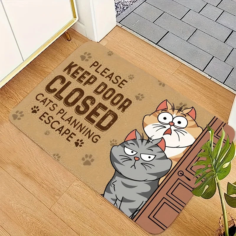 The ginger and grey tabby doormat at a doorway beside a houseplant