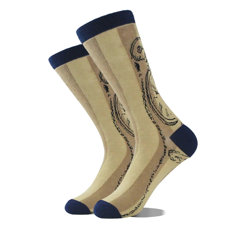 Funny novelty crew socks, beige line art design