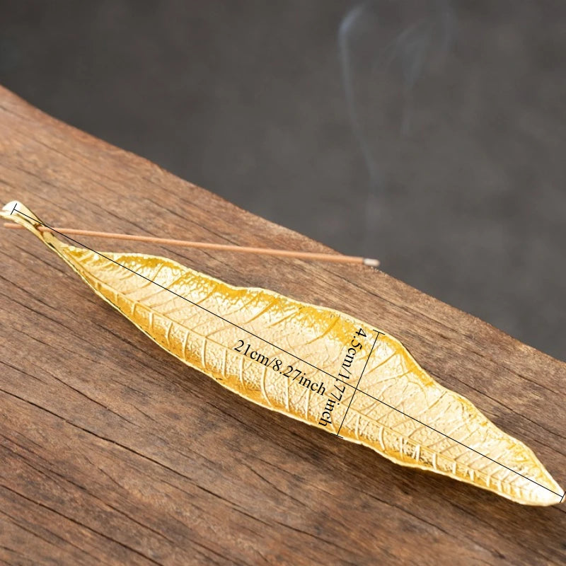 Gold Leaf Long metal stick incense holder, maker size graphic shown