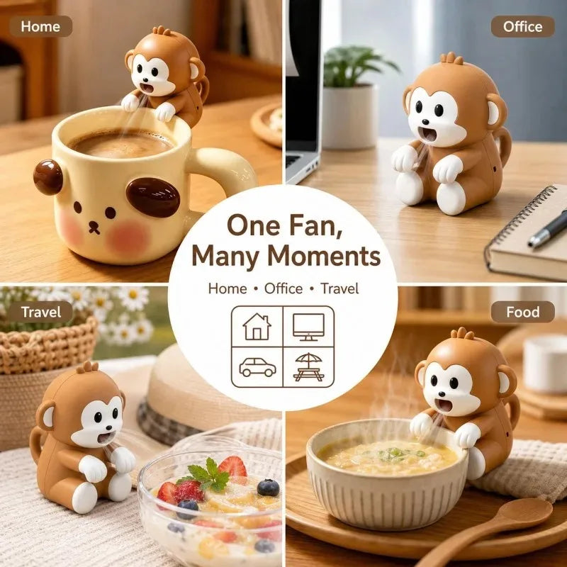 Four panels showing the monkey fan on a mug, sitting on a desk, beside a fruit bowl and on a bowl of soup