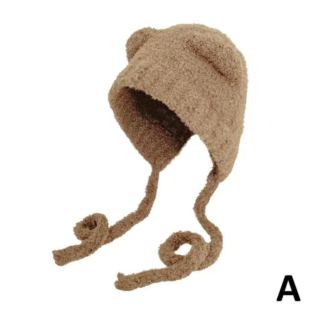 Camel brown bear ear beanie with long twisted tie flaps
