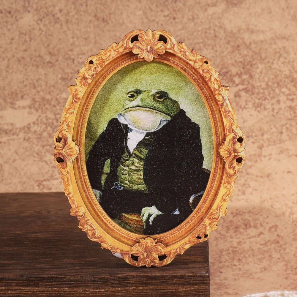 The frame magnet standing against a wooden block