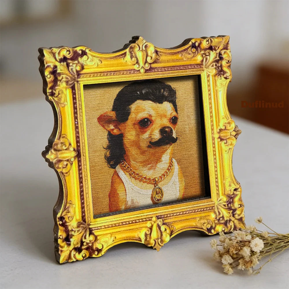 Gold framed portrait magnet of a chihuahua in a black bob, moustache and pearls