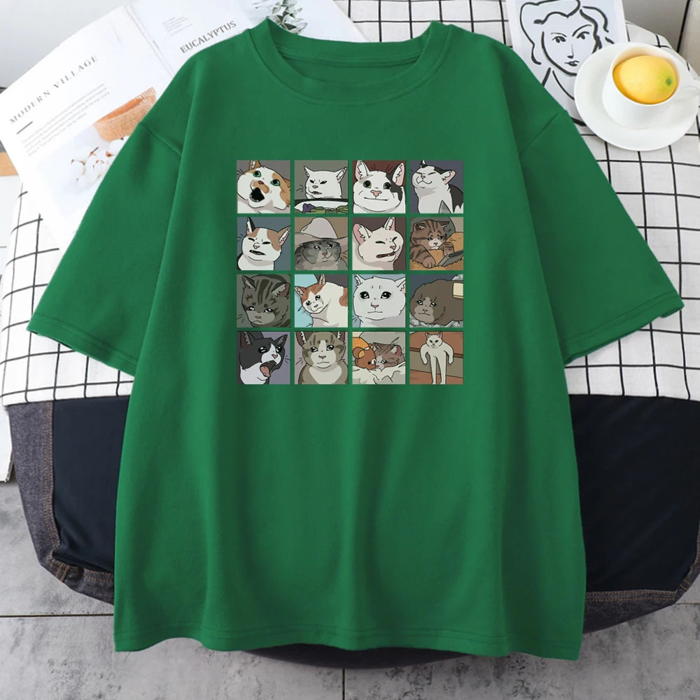 Green cotton tee with the sixteen cat faces grid print