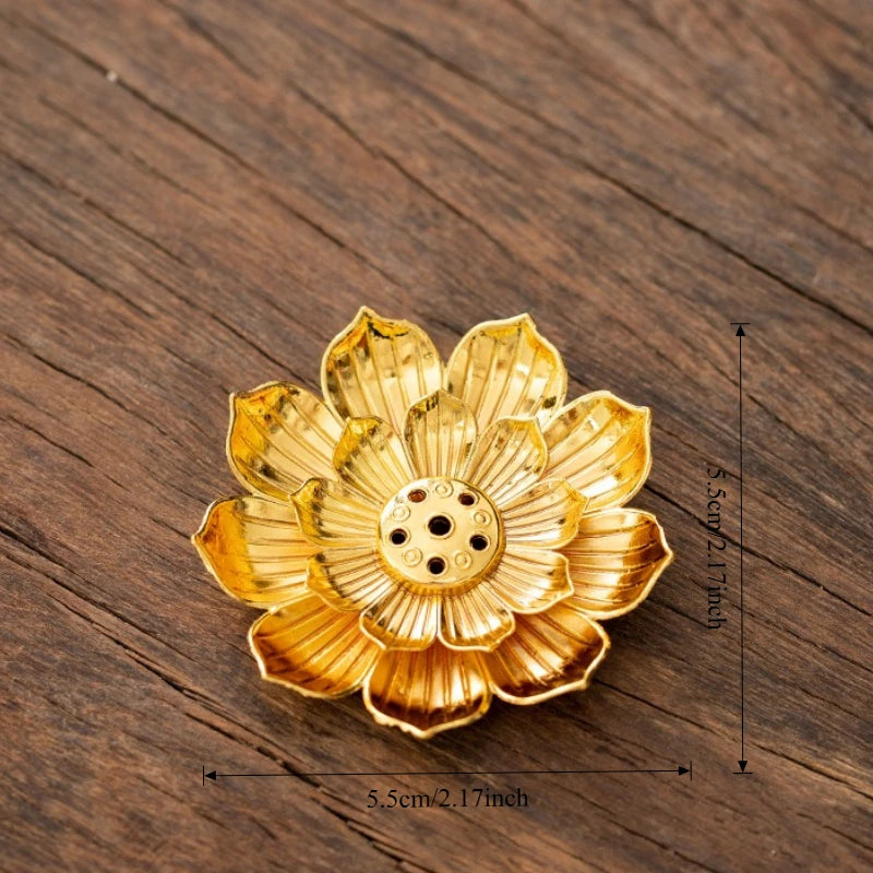 Gold Lotus Plate Small metal stick incense holder, maker size graphic shown