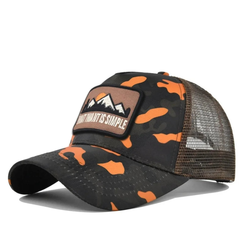 Orange camo crown with brown mesh and black brim