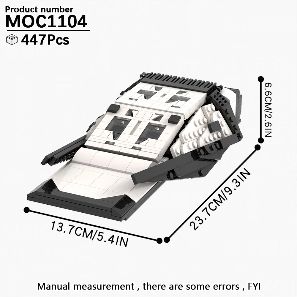 Maker dimension card for the spacecraft build: 447 pieces, 23.7 by 13.7 by 6.6cm