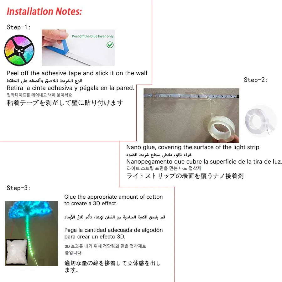 Installation steps: stick the strip up, cover with clear tape, press on cotton