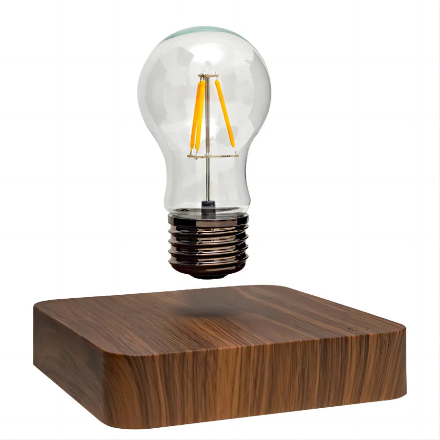 Square wood-grain base with the bulb floating above it