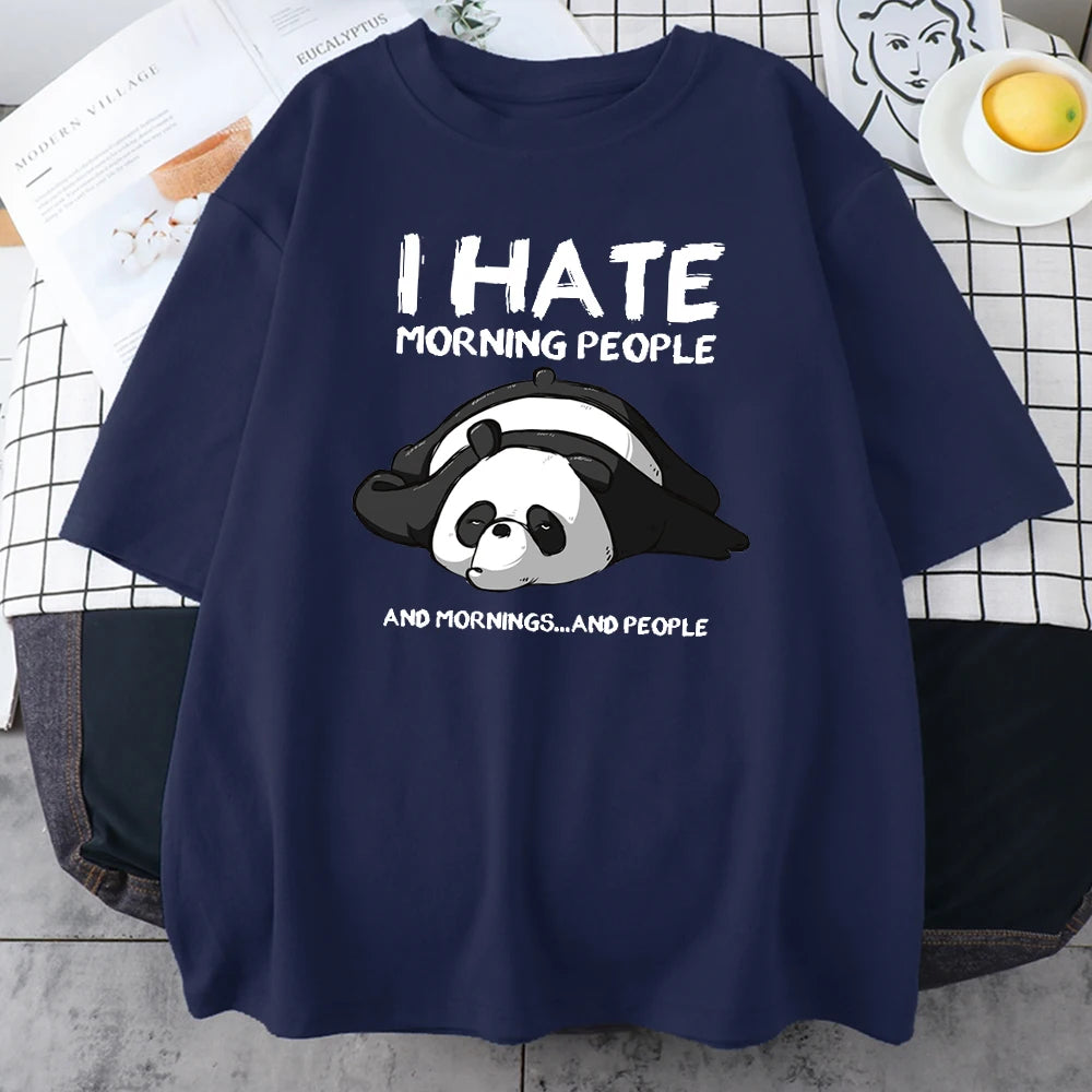 Dark blue cotton tee printed with a sleeping panda and I Hate Morning People
