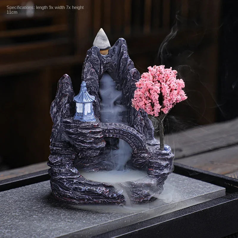 Blue pagoda and pink blossom incense burner, 11 cm tall