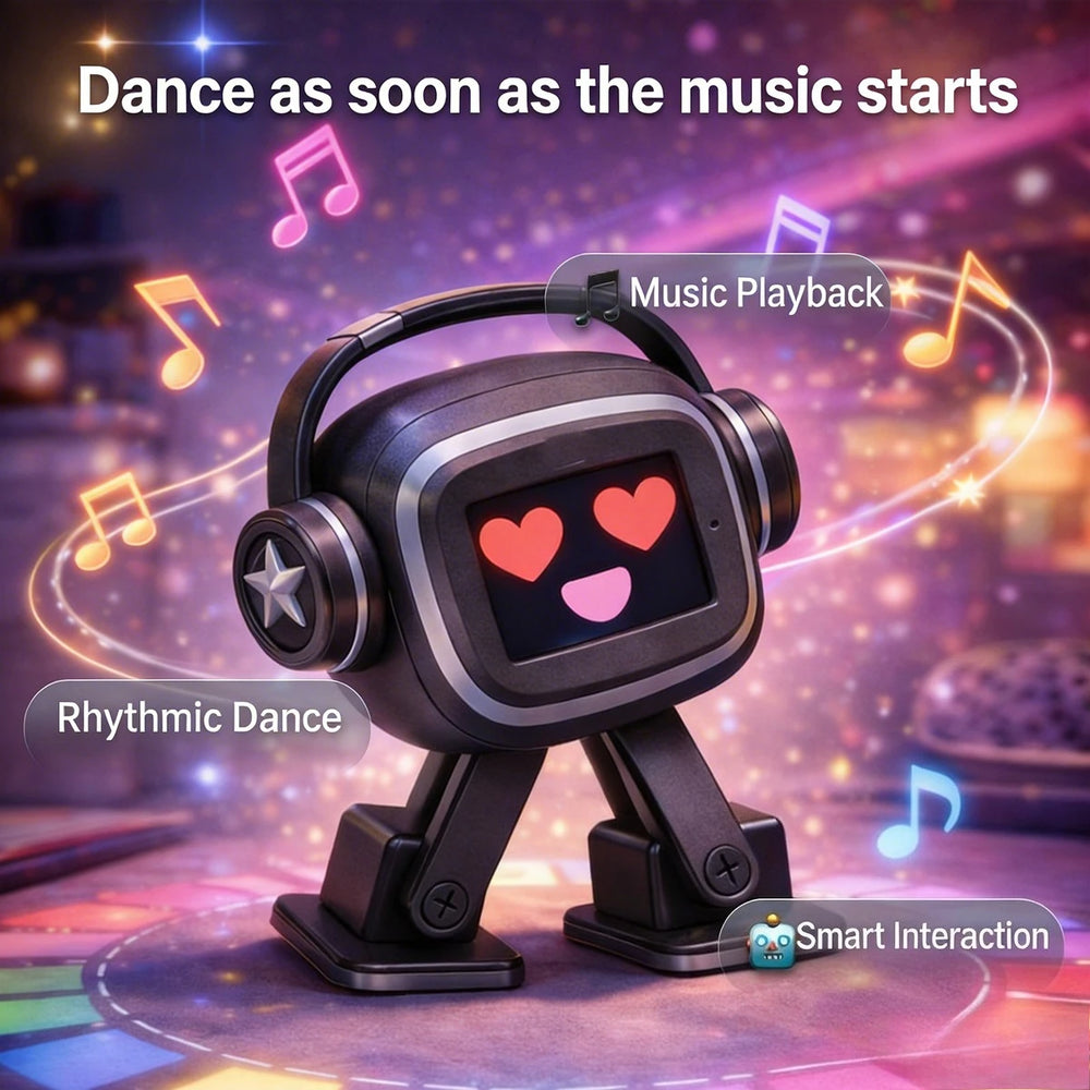 Black desk robot with headphones and a screen face showing heart eyes, lit by colourful stage lighting