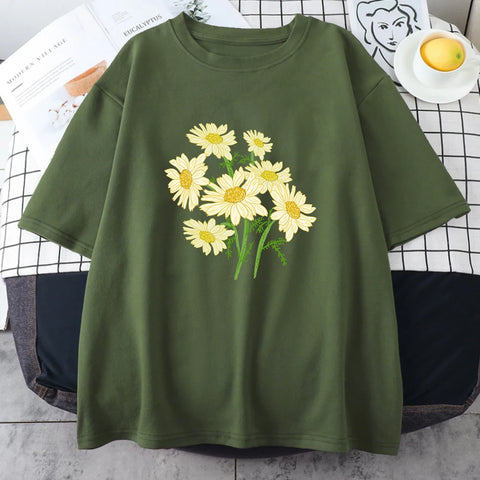Dark olive green short-sleeve cotton t-shirt printed with a bouquet of yellow and cream daisy-like chrysanthemums
