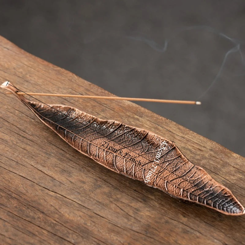Copper Leaf Long metal stick incense holder, maker size graphic shown