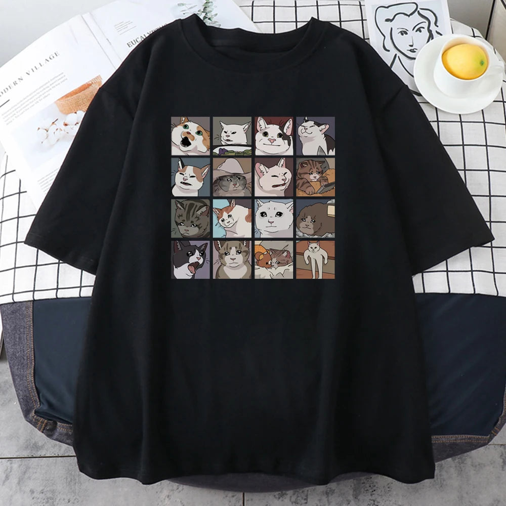 Black cotton tee with the sixteen cat faces grid print