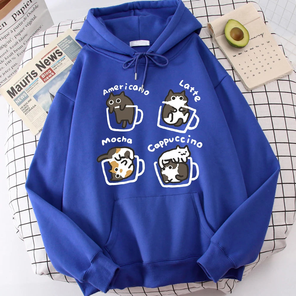 Royal blue pullover hoodie with a front print of four cartoon cats in outlined coffee mugs