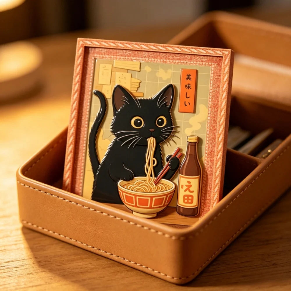 The framed cat magnet propped inside a tan leather-look box used as a display prop