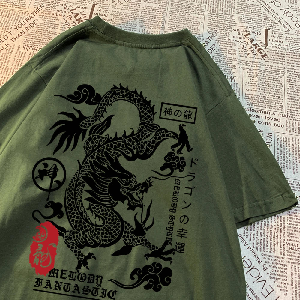 Dark green cotton tee with a large black dragon printed across the back
