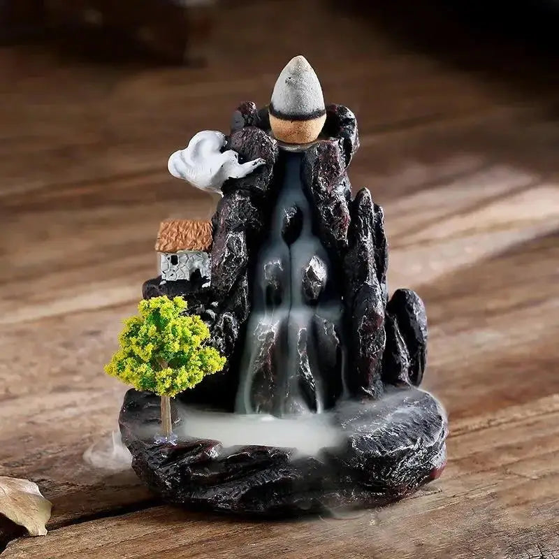 Bird & Yellow Tree: resin waterfall incense burner with a white bird and a yellow tree