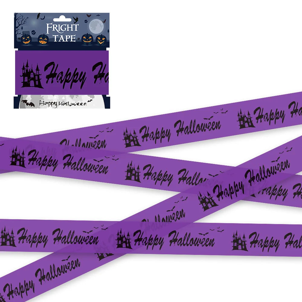 Purple barrier tape printed with happy halloween, bats and castles