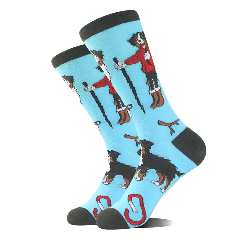 Funny novelty crew socks, skier and mountain dogs design