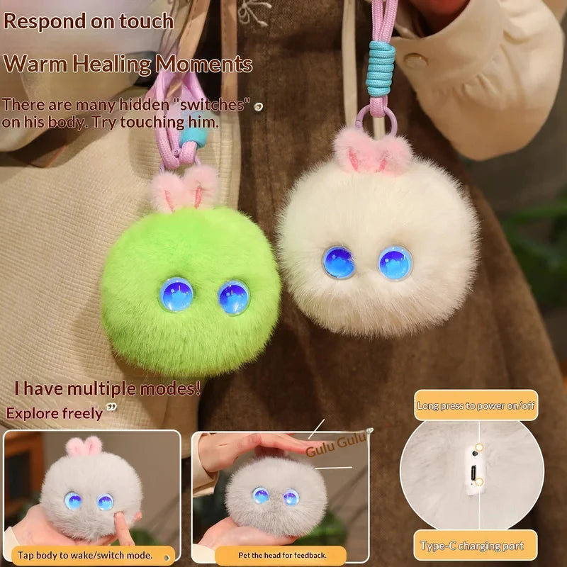 Feature panel showing the pom-pom charms being tapped and petted, and the Type-C charging port on the underside