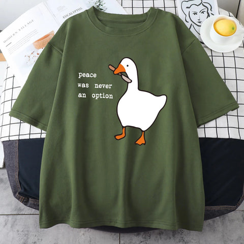 Dark green cotton tee with the white goose and slogan print