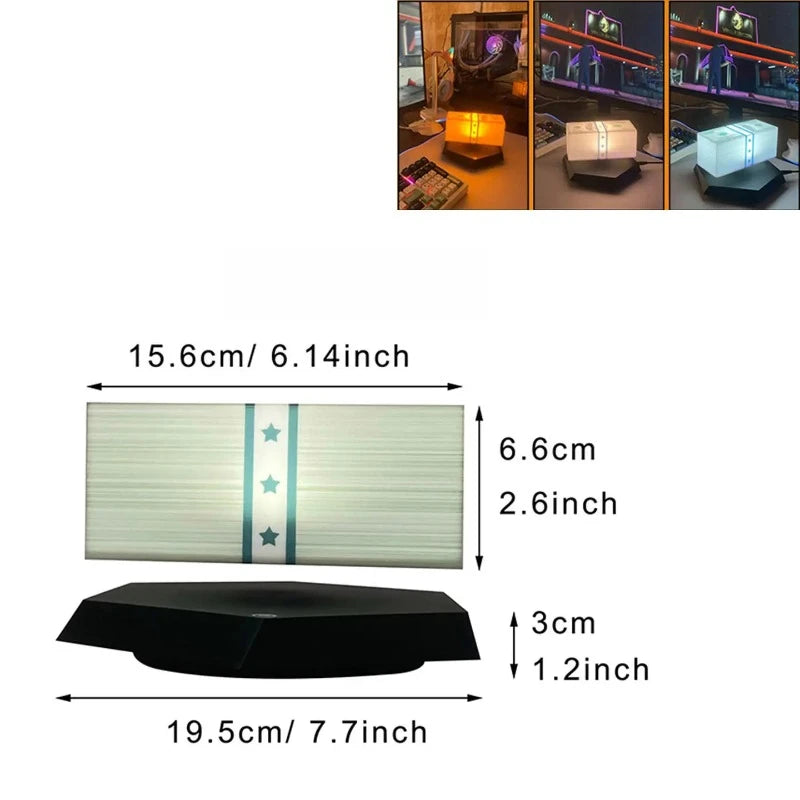 Maker diagram of the hexagonal-base version: the same 15.6cm by 6.6cm block above a base 19.5cm across and 3cm tall, with three small photographs of the lamp lit on a desk