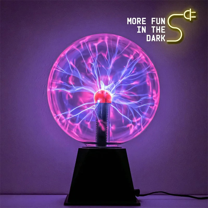 The lamp glowing violet in a darkened room