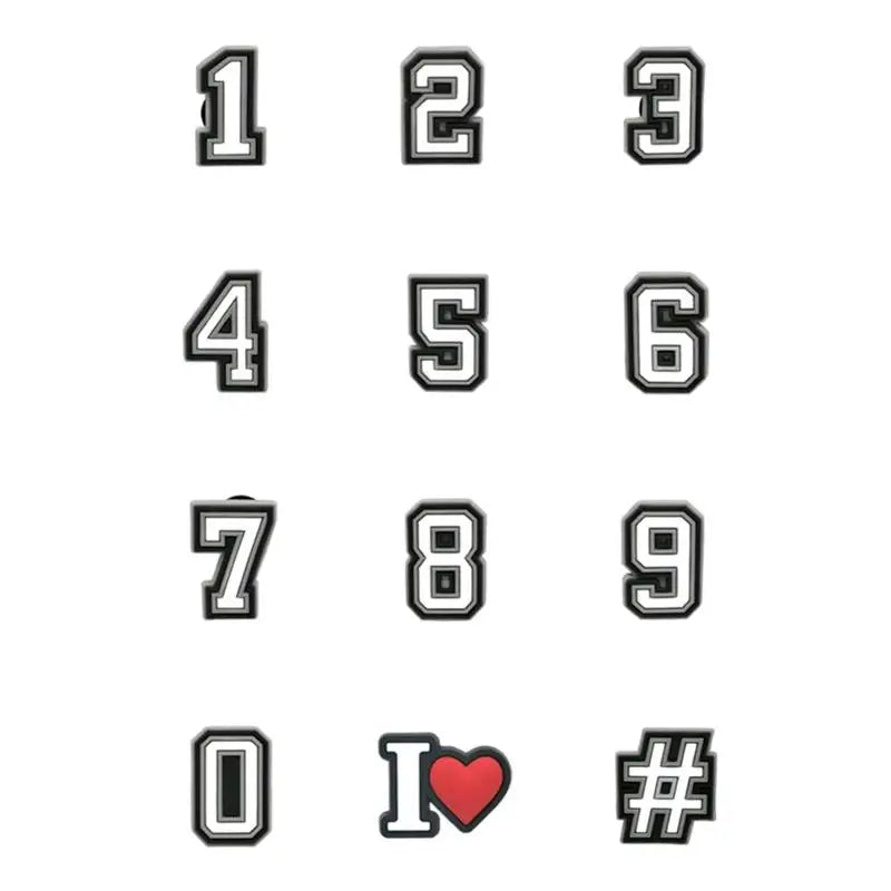 Set of 12 white number shoe charms, 0 to 9 plus a heart and a hash