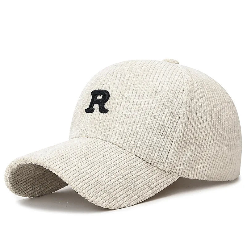 Cream beige corduroy baseball cap with a black 3D embroidered letter R