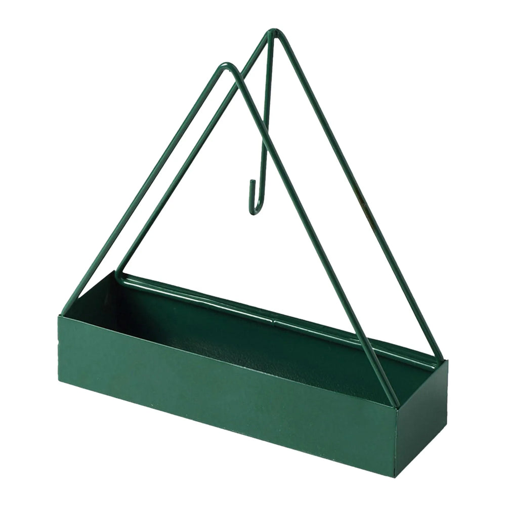 The holder in green on a white background - a wire triangle standing over a shallow rectangular ash tray