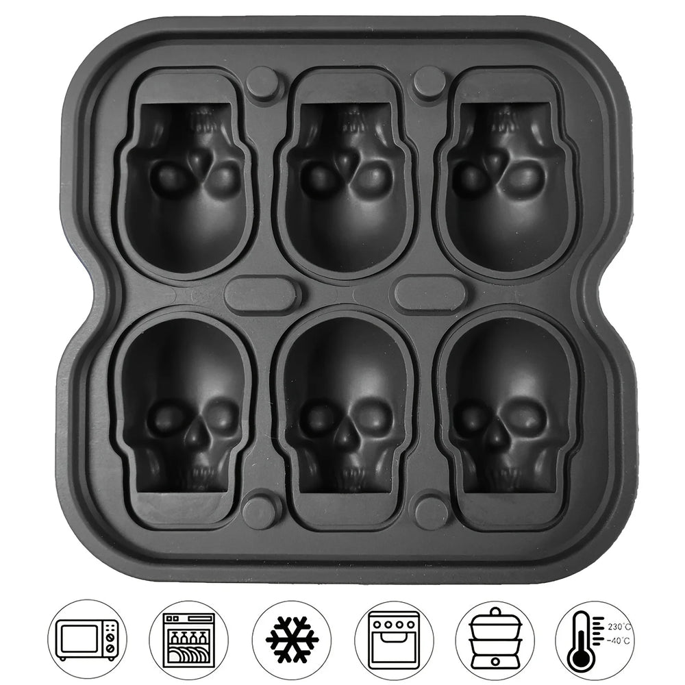 Top view of the six cavity tray showing the moulded skull faces, with the maker's care icons