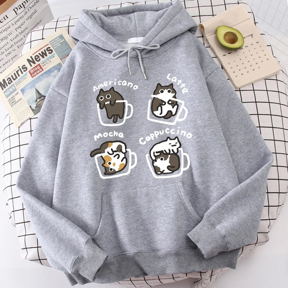 Light heather grey pullover hoodie printed with four cartoon cats sitting in outlined coffee mugs