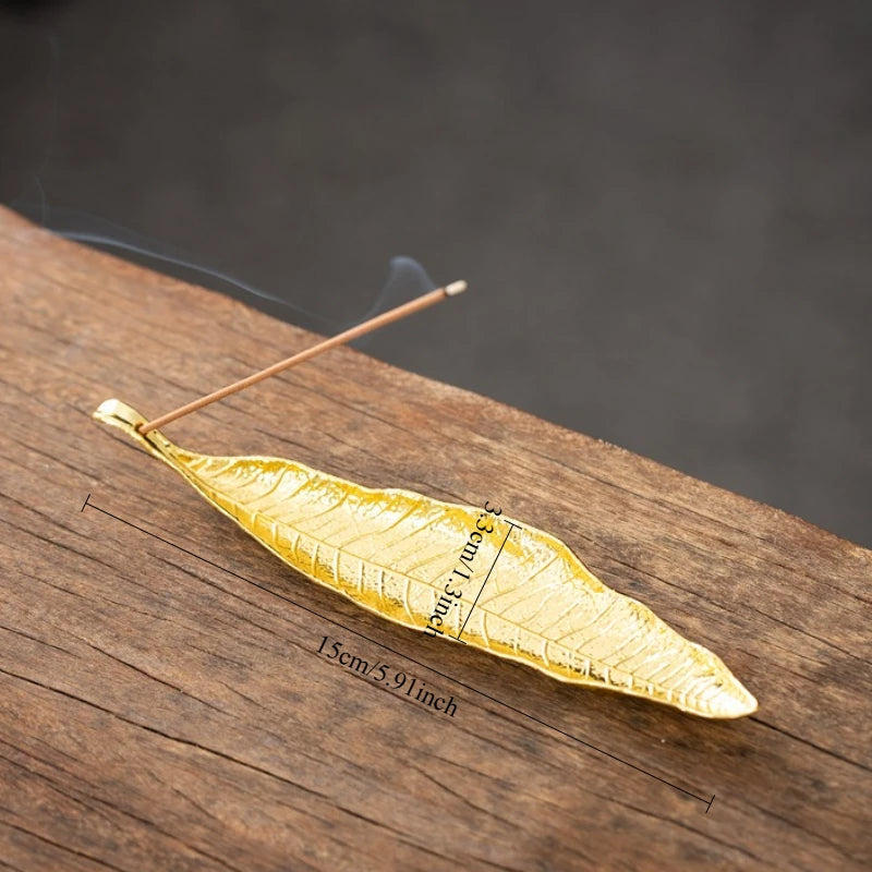 Gold Leaf Small metal stick incense holder, maker size graphic shown